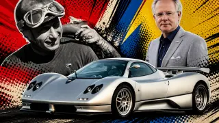 El Pagani Zonda La Nonna, y los dos genios: Fangio a la izquierda y Pagani a la derecha.