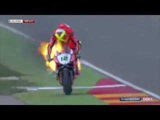 WorldSBK RACE 1 ARAGON XAVI FORES BURN IN HIS BIKE