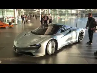 McLaren Speedtail leaving McLaren building driven by Alex Alexiev.