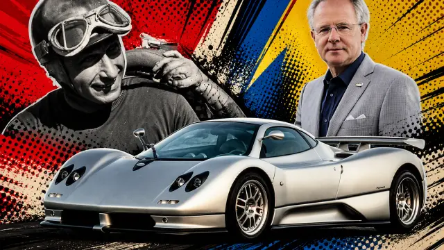 El Pagani Zonda La Nonna, y los dos genios: Fangio a la izquierda y Pagani a la derecha.