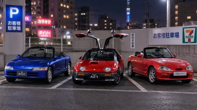 Kei Cars deportivos Honda Beat, Autozam AZ-1 y Suzuki Cappuccino. (imagen creada con IA)